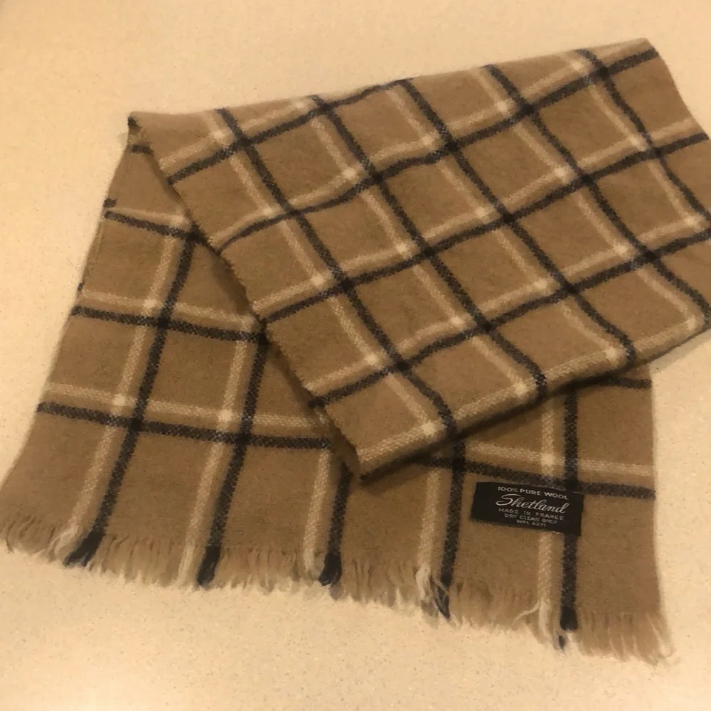 SHETLAND LONG WOOL PLAID SCARF WITH FRINGE TAN BLACK WHITE UNISEX